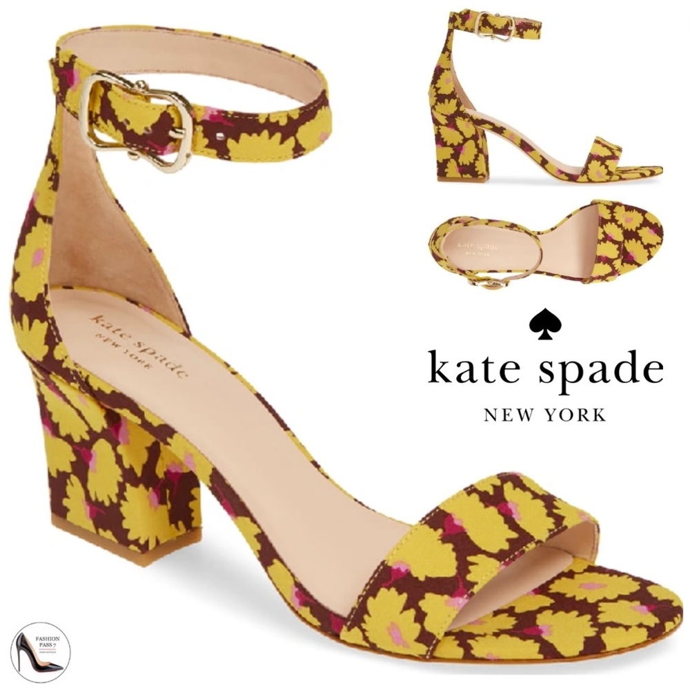 Kate Spade Susane Rich Fudge Sandals Floral Yellow Ankle Strap Block Heel Pumps